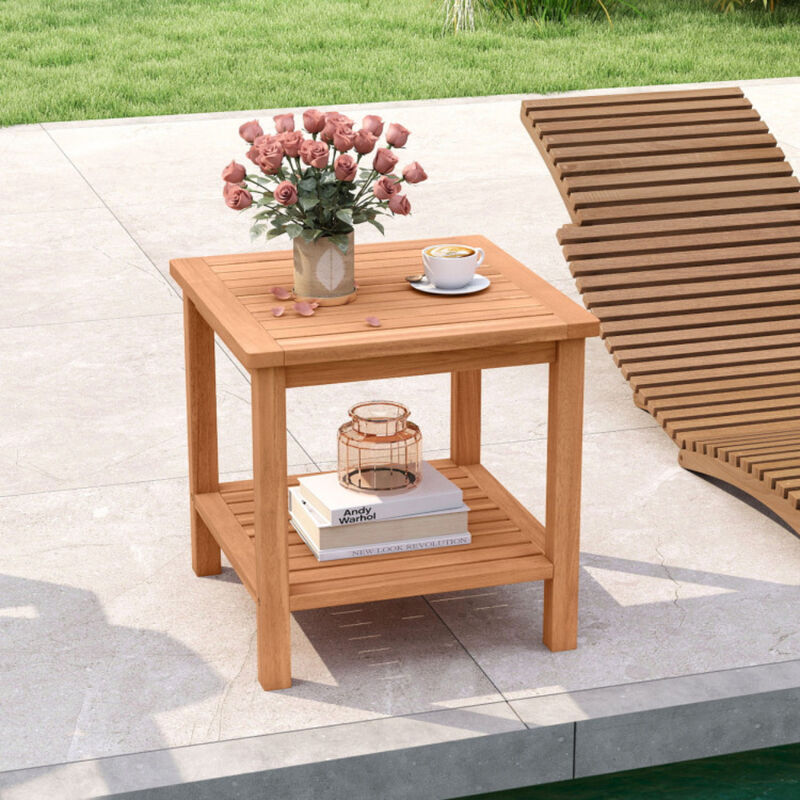 Set of 2 Acacia Wood Patio Side Tables with Slatted Tabletop and Storage Shelf image number 3
