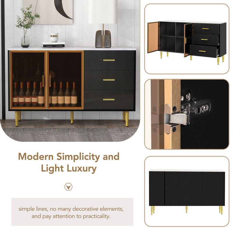 Modern Sideboard MDF Buffet Cabinet Marble Sticker Tabletop and Amberyellow Tempered Glass Doors with Gold Metal Legs Handles (Black)