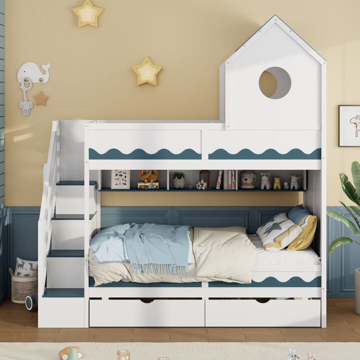Merax Twin Size Castle Bunk Bed with Wave Texture, LED Lights & Storage Staircase