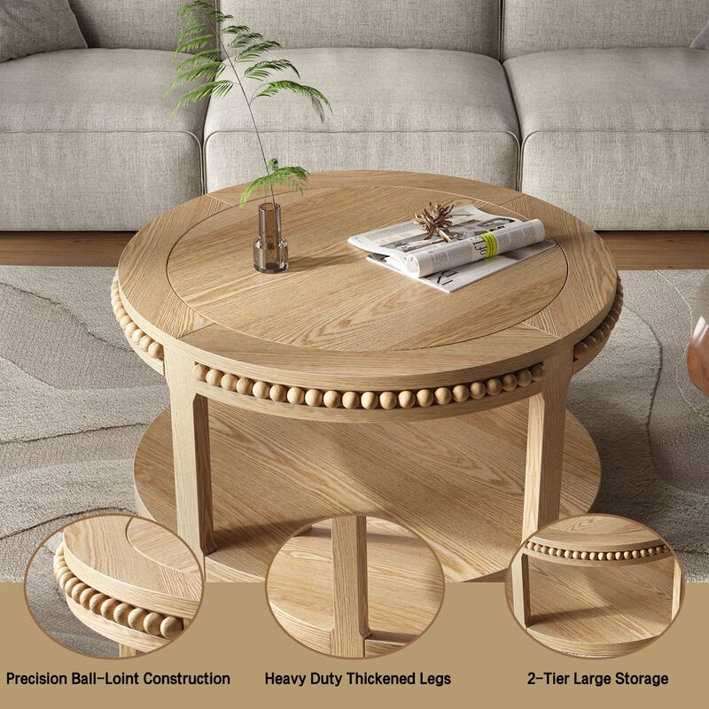 31.5" Rustic Solid Wood Round Coffee Table with 2-Tier Storage Shelf, Modern Farmhouse Accent Table for Living Room image number 4