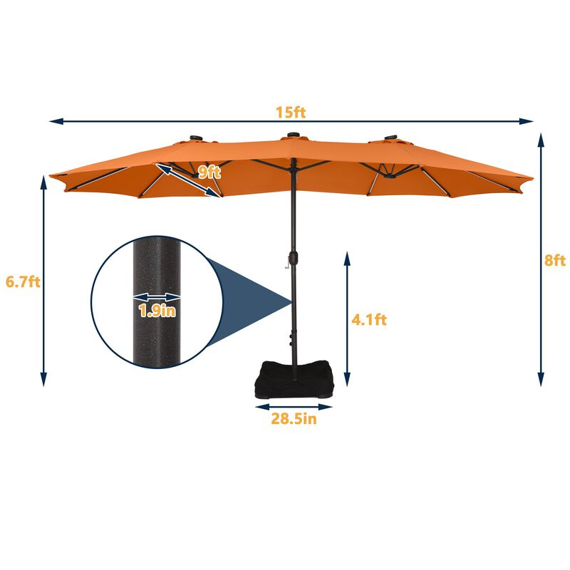 15 FT Double-Head Patio Umbrella with Base Included Large Outdoor Umbrella with Solar Detachable Lights Rectangular Crank Market Umbrella, Red image number 2