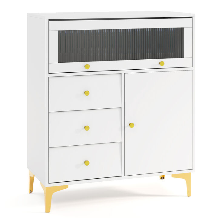 Fluted Glass Storage Chest with Flip-Up Door and Drawers – Modern Design