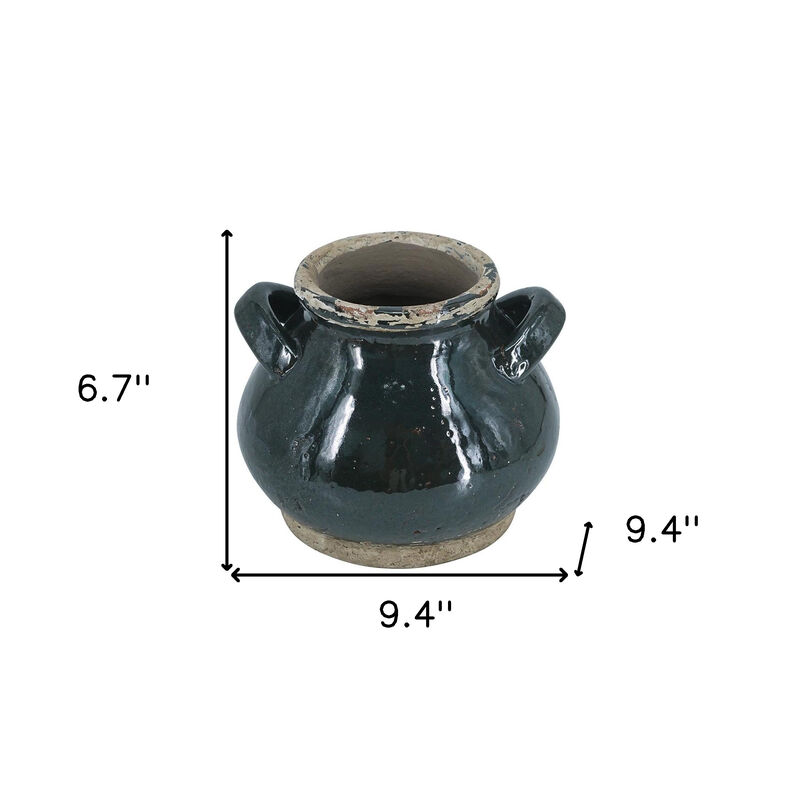 HomeRoots 7" Dark Green And Sand Terracotta Round Jug Vase image number 6