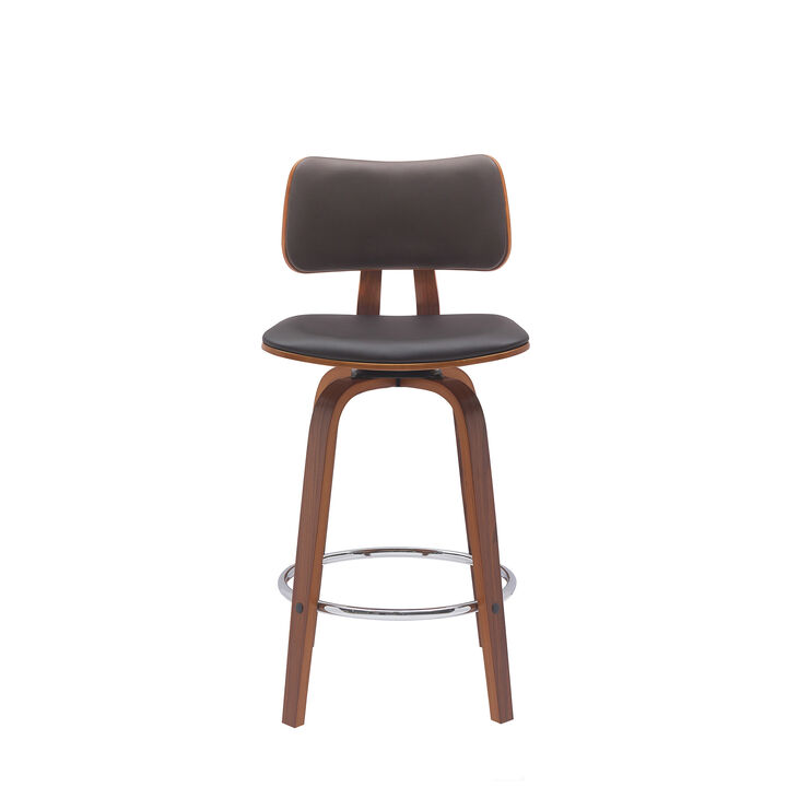 HomeRoots 26" Brown And Wood Brown Faux Leather Swivel Low Back Counter Height Bar Chair