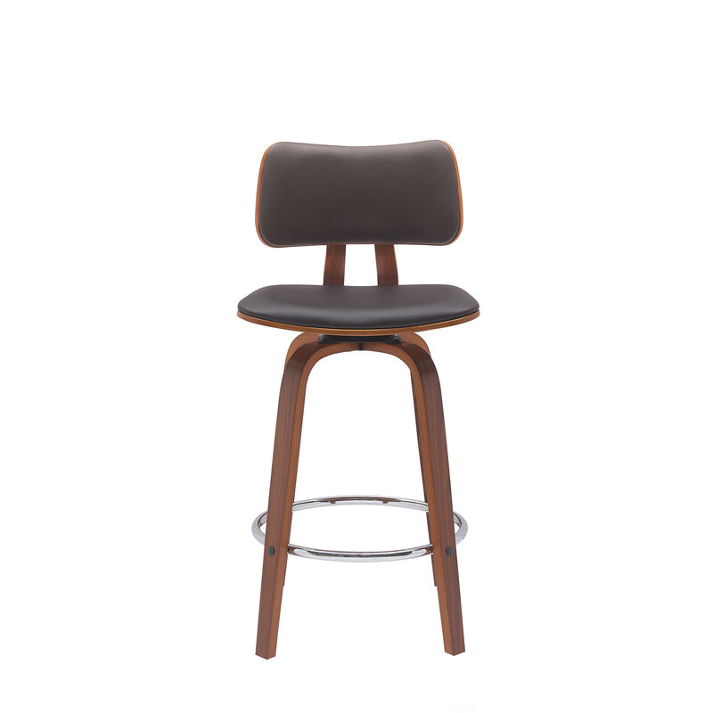 HomeRoots 26" Brown And Wood Brown Faux Leather Swivel Low Back Counter Height Bar Chair image number 0