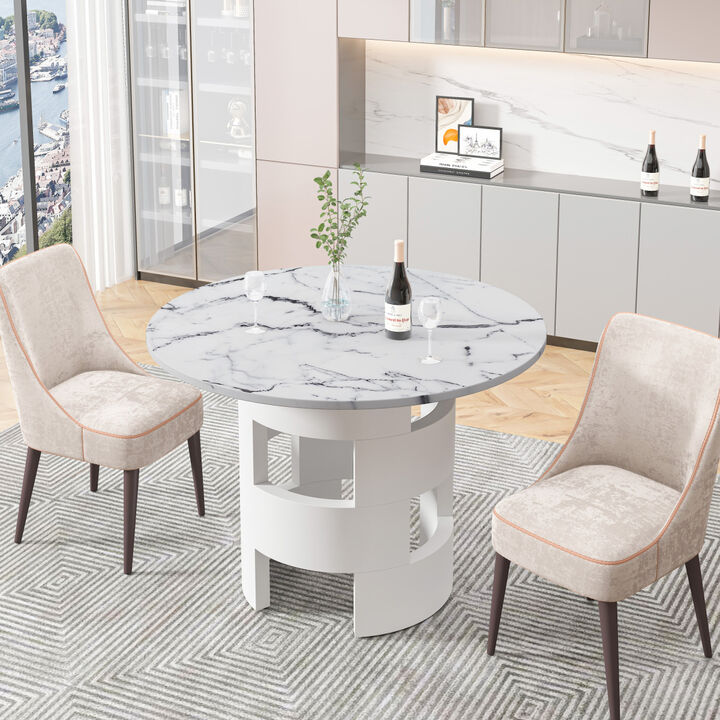 42.12" Modern Round Dining Table with Printed White Marble Tabletop for Dining Room, Kitchen, Living Room