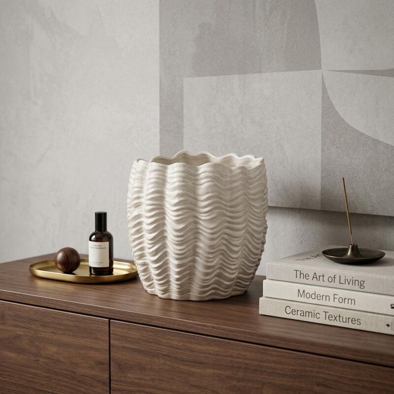 HomeRoots 11" Cream Ceramic Sculptural Waves Table Vase image number 1