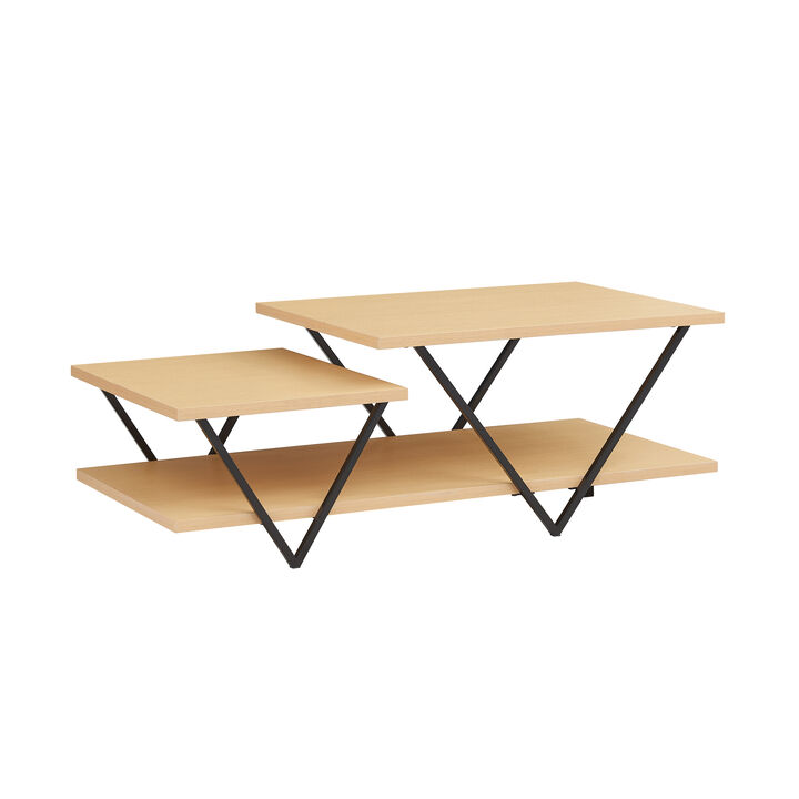 48 Inch 2 Tier Top Coffee Table with Bottom Shelf, V Shape Black Metal Legs, Light Maple Wood-Benzara