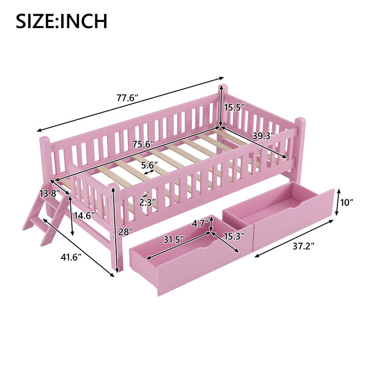 GOODSILO Wood Twin Size Platform Storage Bed With Built-In Safety Guardrail And Two Drawers Ideal For Small Kids Bedrooms