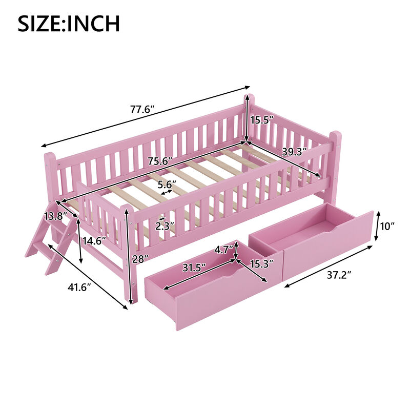 Whisen Wood Platform Bed with Guardrail and 2 Drawers image number 9