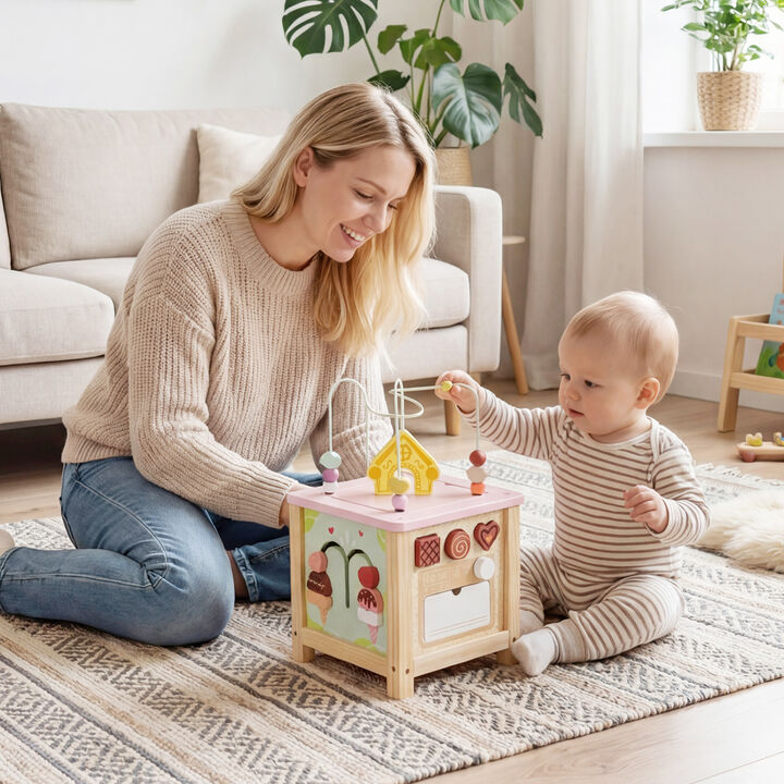 Kids Wooden Activity Cube with Montessori Learning Toys 18+ Months