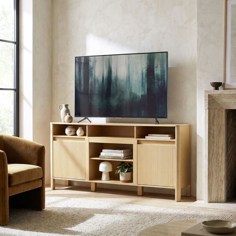 68" Farmhouse Natural Wood Fluted Door TV Stand Media Console Storage Cabinet for TVs up to 75" image number 4