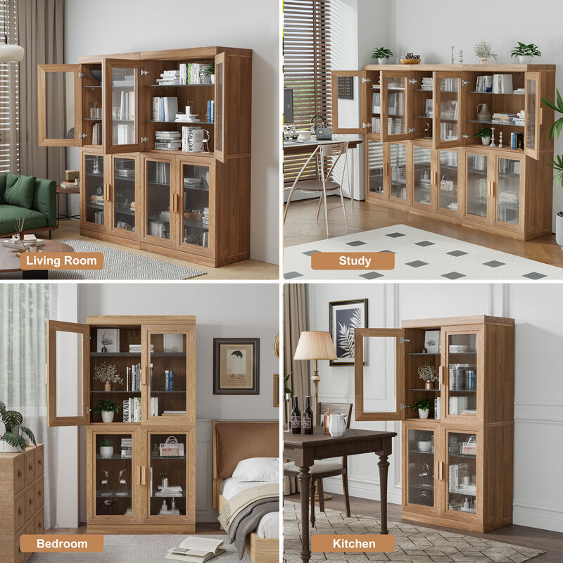 62" High Glass Door Wood Grain Decorative Storage Cabinet Display Cabinet, with Sufficient Space for 12 Shelves image number 3
