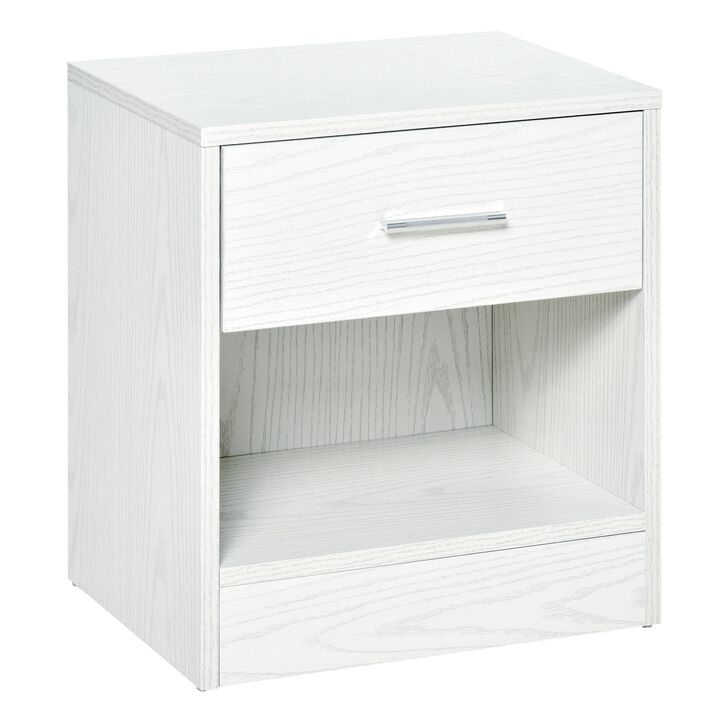 Modern Nightstand, Accent End Table with Drawer and Storage Shelf, Sofa Side Table for Living Room or Bedroom, White Wood Grain