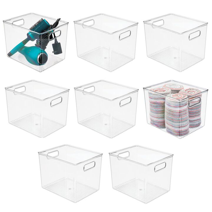 mDesign Large Plastic Bathroom Storage Organizer Bin with Handles, 8 Pack, Clear