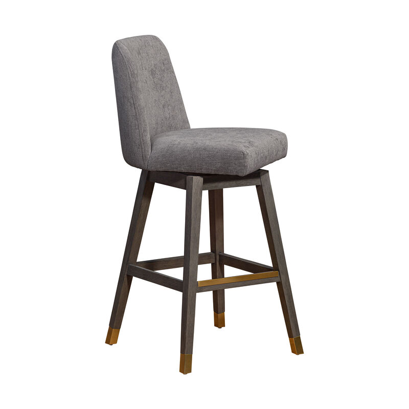 HomeRoots 30" Gray And Brown Fabric And Solid Wood Bar Height Swivel Bar Chair image number 2