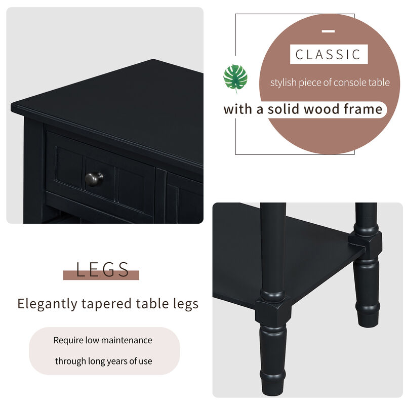 Whisen Narrow Console Table with Three Storage Drawers and Bottom Shelf - Black