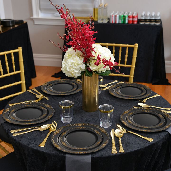 Black with Gold Vintage Rim Round Plastic Dinnerware Value Set (120 Sets)