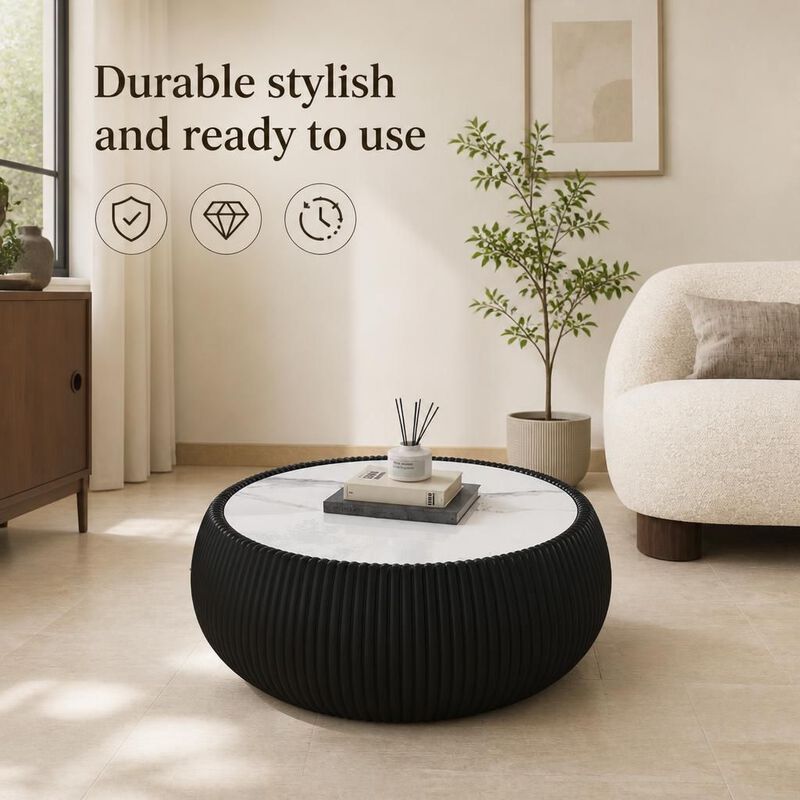 GOODSILO Modern Round Drum Shaped Sintered Stone Top Coffee Table Unique Patterned Accent Furniture For Living Room, Bedroom And Office image number 4