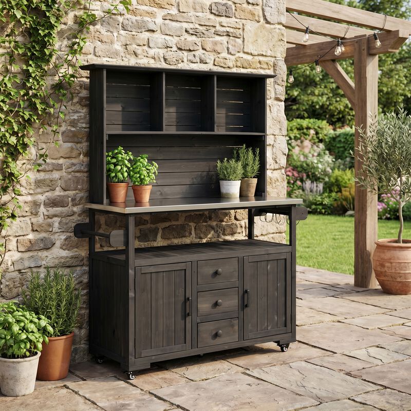 Whisen 65" Solid Wood Garden Potting Table with 3 Drawers & Doors, Stainless Top image number 1