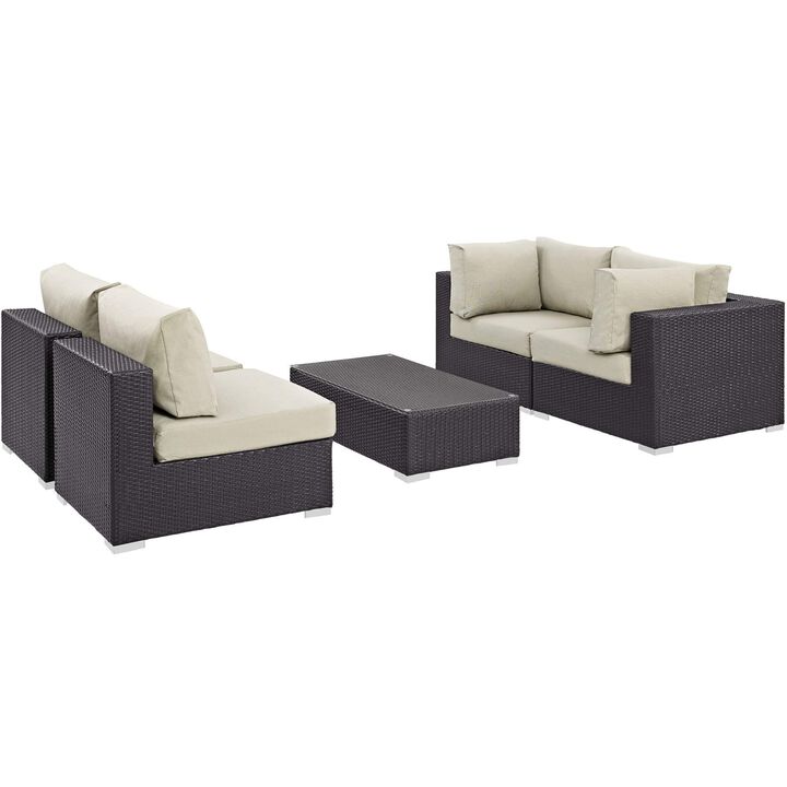 Convene Outdoor Sectional Set - Durable Rattan Weave, Weather-Resistant Cushions, 5 Piece Patio Sofa Set with Coffee Table - Espresso Beige