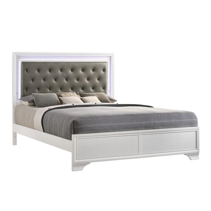 Benjara Lise King Size Bed, Fabric Upholstery, LED Lit, Modern Wood, White and Gray
