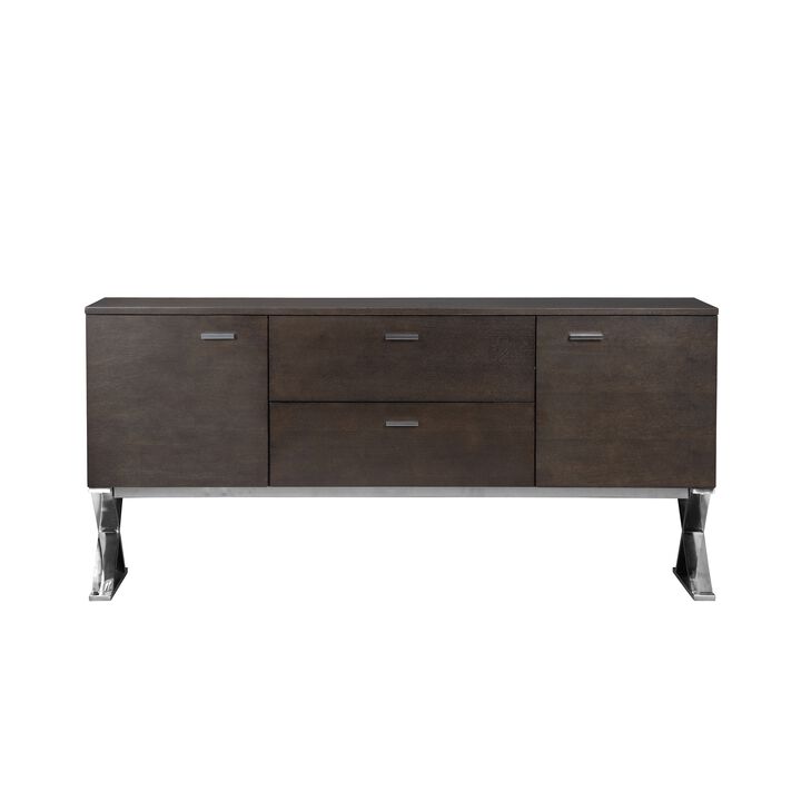 Rix Sideboard Buffet Console, 2 Door, X Chrome Legs, Brown 69 Inch - Benzara