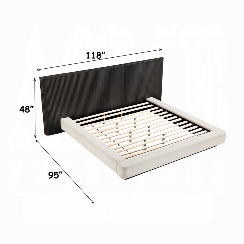 Jeh King Low Platform Bed, Fluted Headboard, Beige Linen, Espresso Brown image number 7