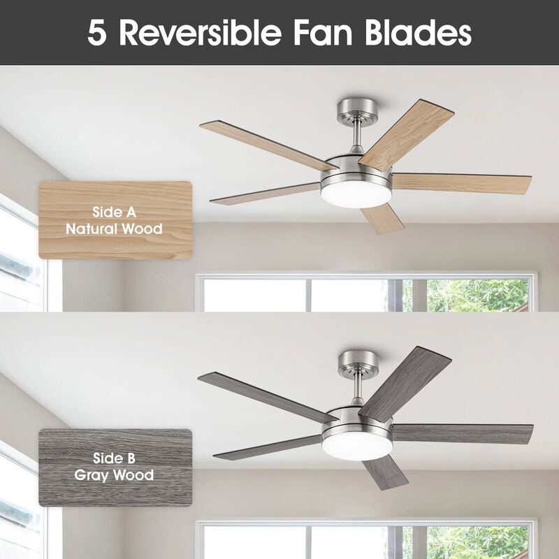48" Modern Brushed Nickel Reversible 5-blade LED Ceiling Fan with Remote