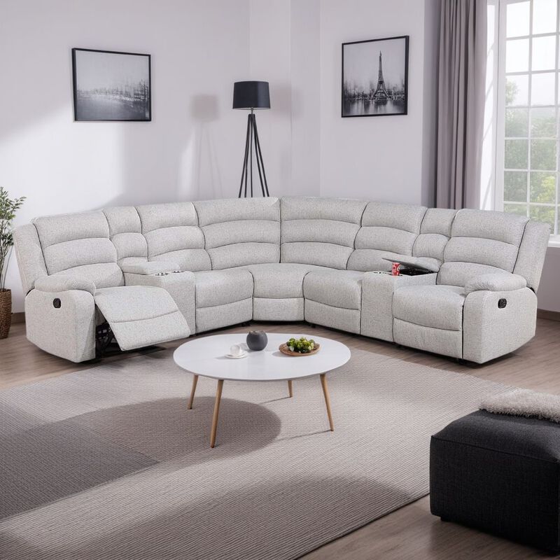 Rexy L Shape Sofa, 3pc Manual Reclining Sectional, Clean White Burlap - Benzara