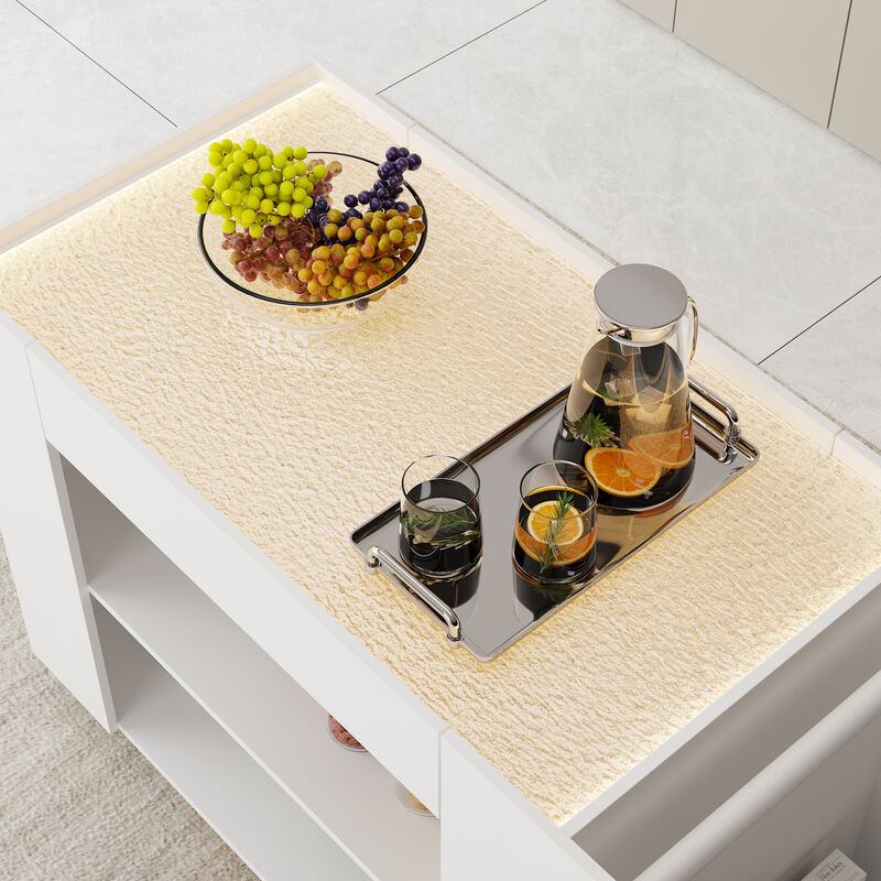 FUFU&GAGA Modern Three-Tier Utility Cart with Adjustable LED Light Strip, Drawer, Wave Lighting Effect, Water Wave Tempered Glass, and Locking Casters (47.8 in. W x 23.6 in. D x 33.9 in. H), White