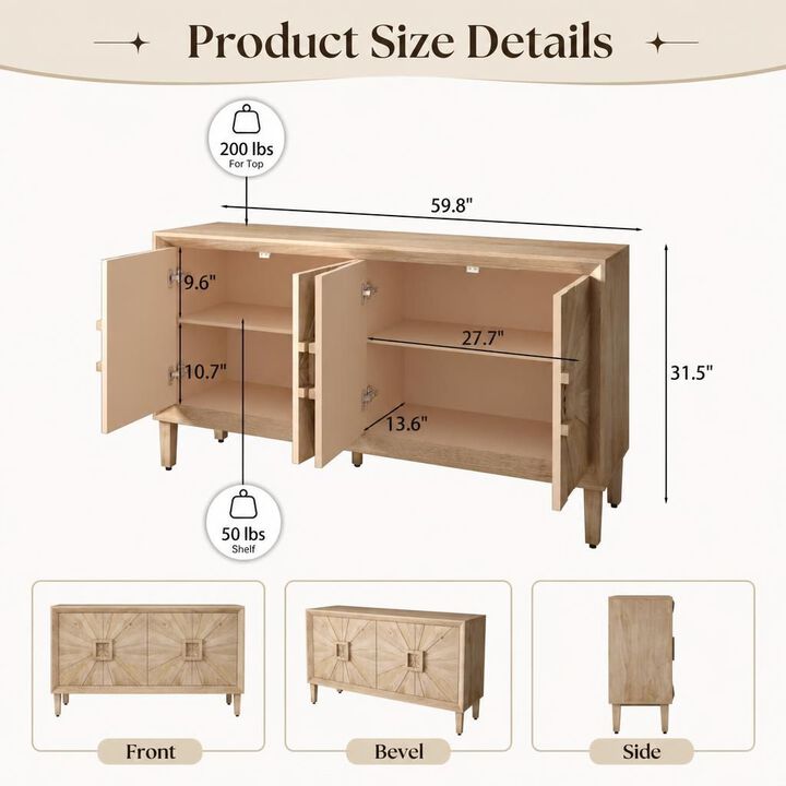 GOODSILO 60 Inch Rustic Farmhouse Credenza Storage Cabinet with Adjustable Shelves and Symmetrical Sunburst Door Design for Living Room Kitchen
