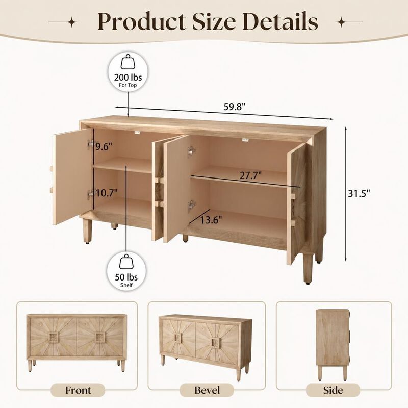 GOODSILO 60 Inch Rustic Farmhouse Credenza Storage Cabinet with Adjustable Shelves and Symmetrical Sunburst Door Design for Living Room Kitchen image number 1