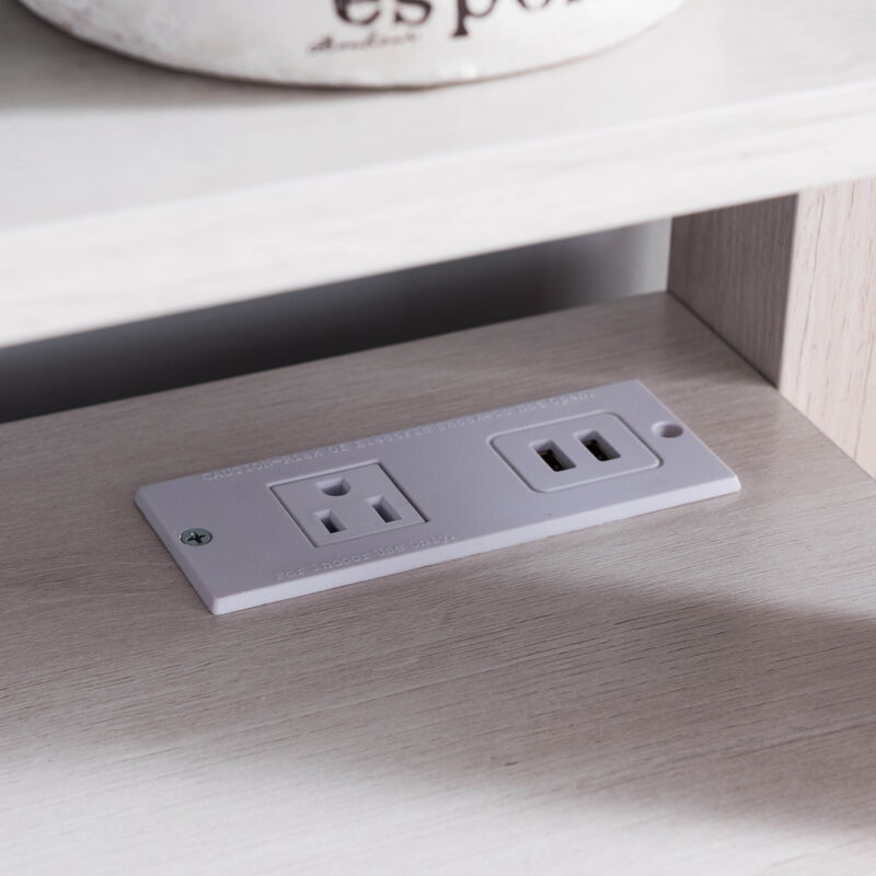 White Oak & Distressed Grey Home Office Desk with Lifted Shelf and USB/Power Outlet