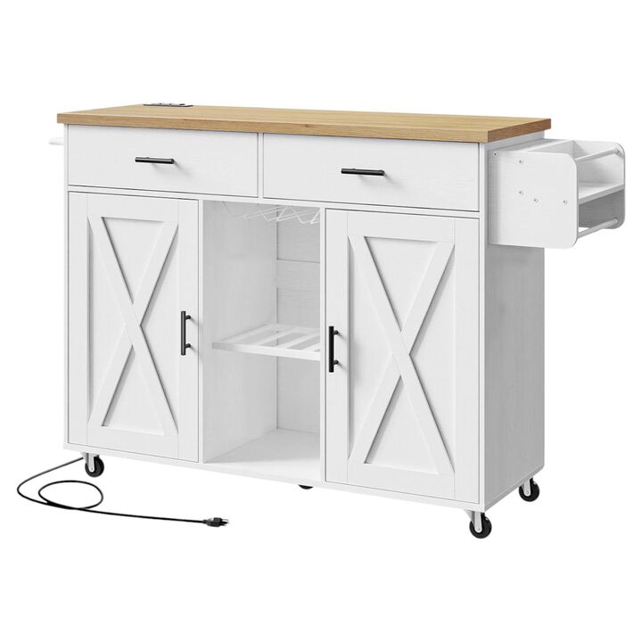 Portable Rolling Kitchen Island with Built-In Power Outlet and Wine Rack