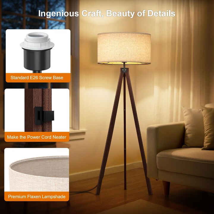 LEPOWER Wood Tripod Floor Lamp, Mid Century Standing Lamp, Studying Light for Living Room, Bedroom, Study Room and Office, Flaxen Linen Shade