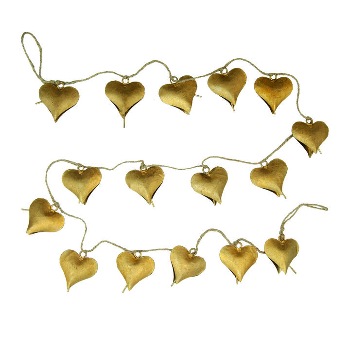Metal Heart Shaped Bell Garland with Jute Cord, Gold Finish