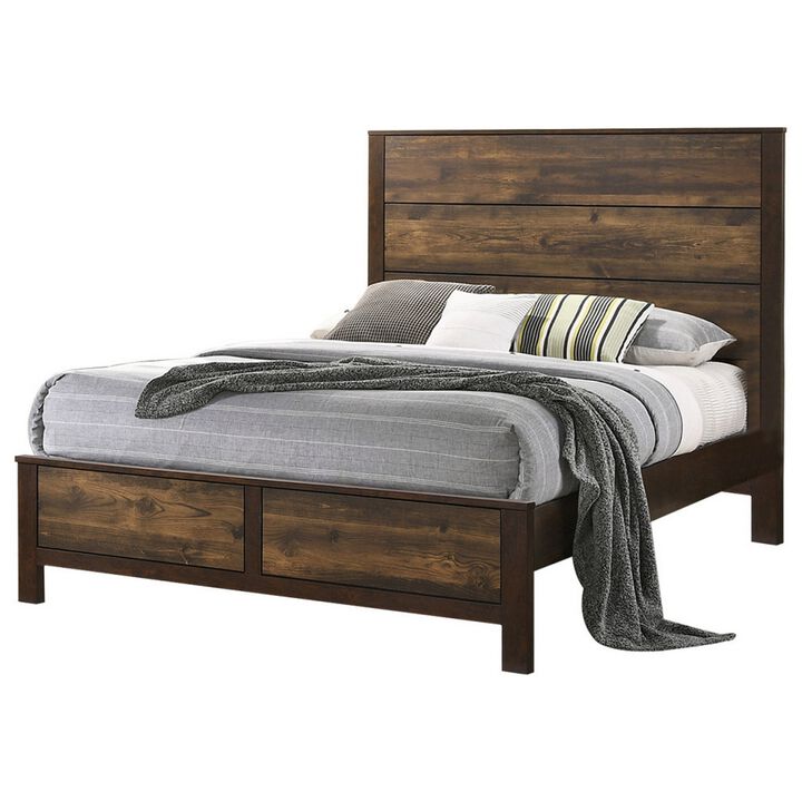 Roki Platform California King Bed with Panel Design, Rustic Brown Finish - Benzara