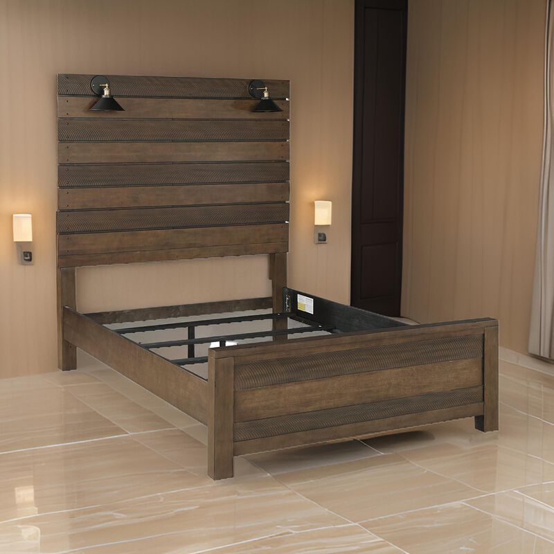 Aco Queen Size Bed, 2 Lampshades, Slatted Headboard, LED Lights, Brown - Benzara