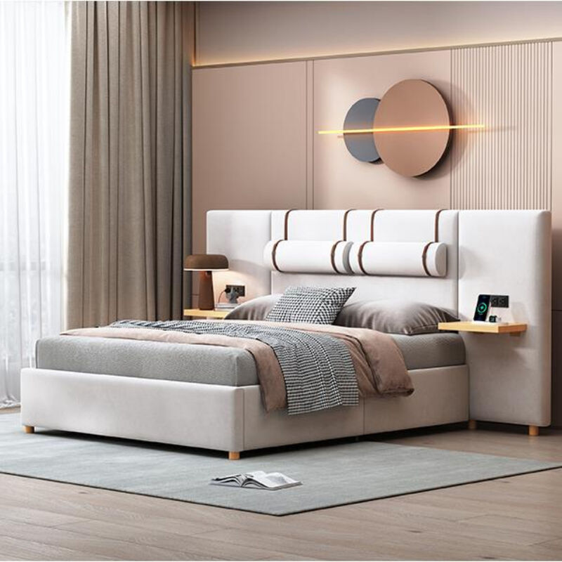 Upholstered Bed Frame with Dual USB Ports Outlets Storage Shelves and Pillows image number 2