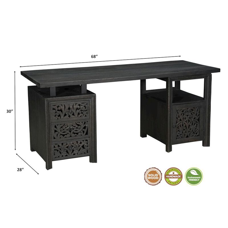 Taran Designs Calista 3-drawer 1-door Floral Carved Solid Wood Desk