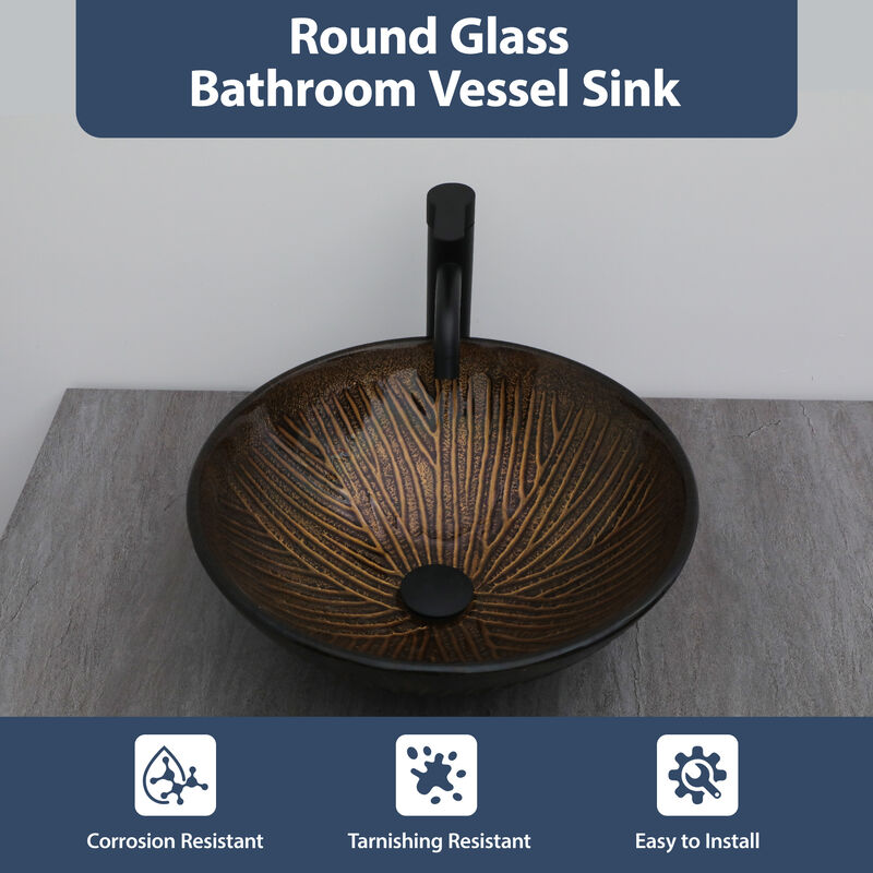 16.65 in. W x 16.65 in. D Above Countertop Round Bathroom Glass Vessel Sink Lavatory Art Basin with Drainer in Brown image number 7