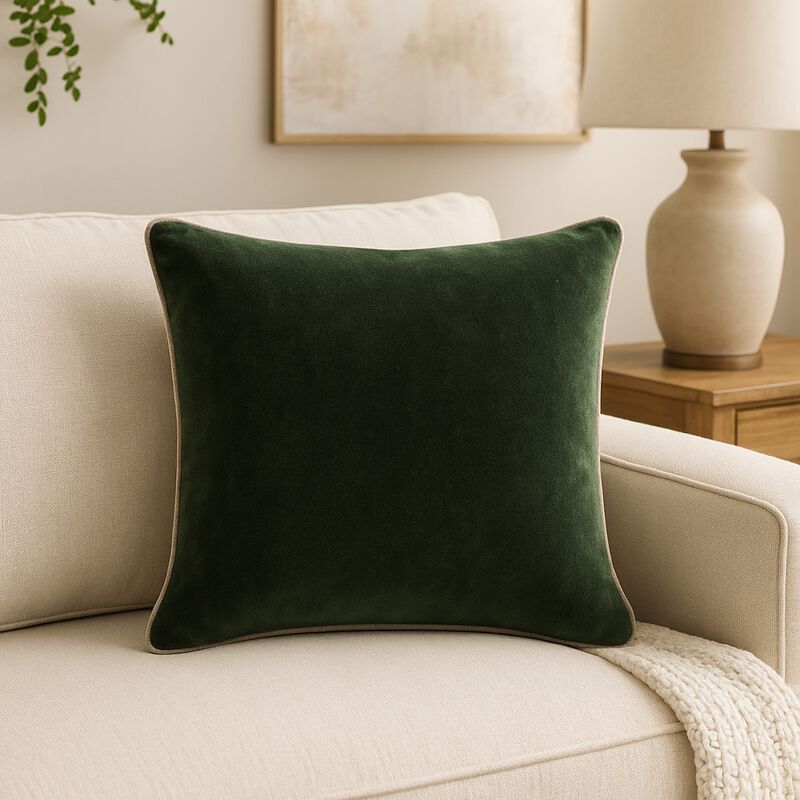 May Accent Throw Pillow, 18in Stonewashed Forest Green Cotton Velvet - Benzara