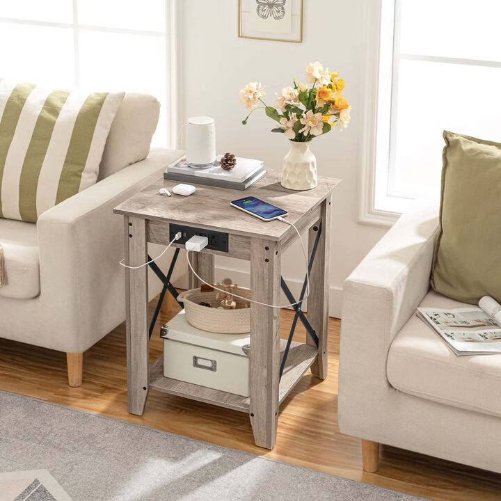 Set of 2 Industrial Side Tables with USB Charging Ports and Shelves-Greige