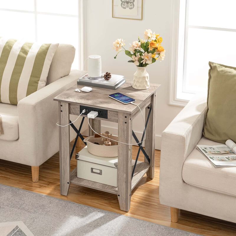 Set of 2 Industrial Side Tables with USB Charging Ports and Shelves-Greige image number 1