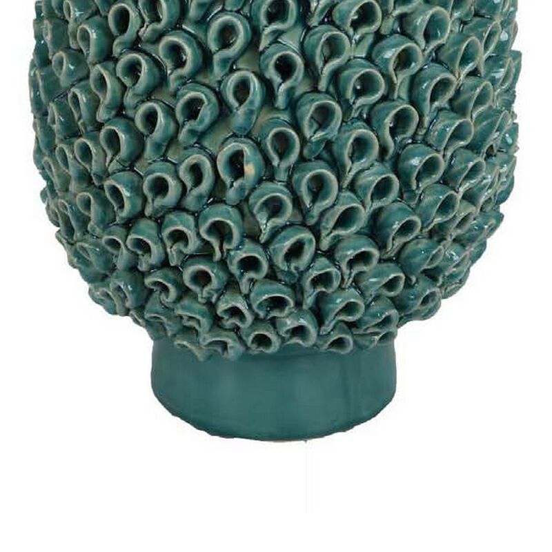 Accent Flower Vase, 3D Coral Textured Teal Green Ceramic 16 Inch - Benzara