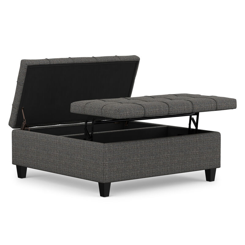 Harrison 40 inch Wide Transitional Square Large Coffee Table Storage Ottoman in Ebony Polyester Tweed, Assembled image number 0