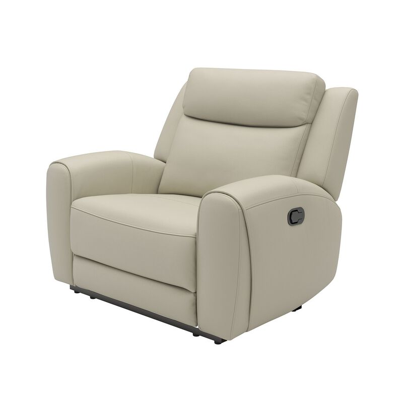 Cobe Manual Recliner Chair, Solid Wood and Soft Top Grain Beige Leather - Benzara