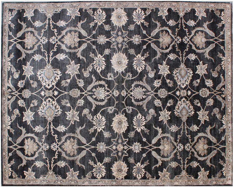 DaVinci Floral Pattern Silk Rug in Charcoal