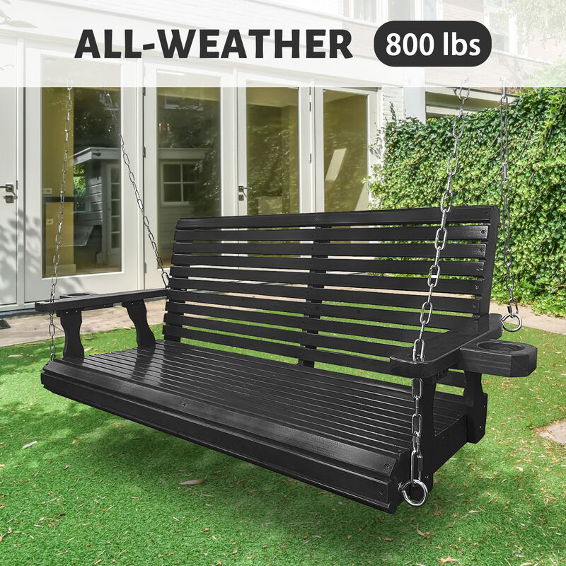 Wooden Porch Swing 2-Seater, Bench Swing with Cupholders, Hanging Chains and 7mm Springs, Heavy Duty 800 LBS, for Outdoor Patio Garden Yard, 4 ft, Black image number 4